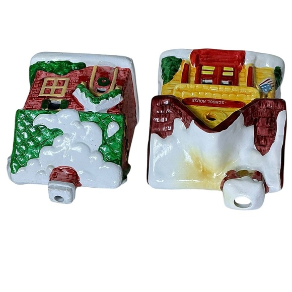 Christmas Village Vintage Candle Burner Holders Schoolhouse Home Set of 2 - Picture 6 of 16